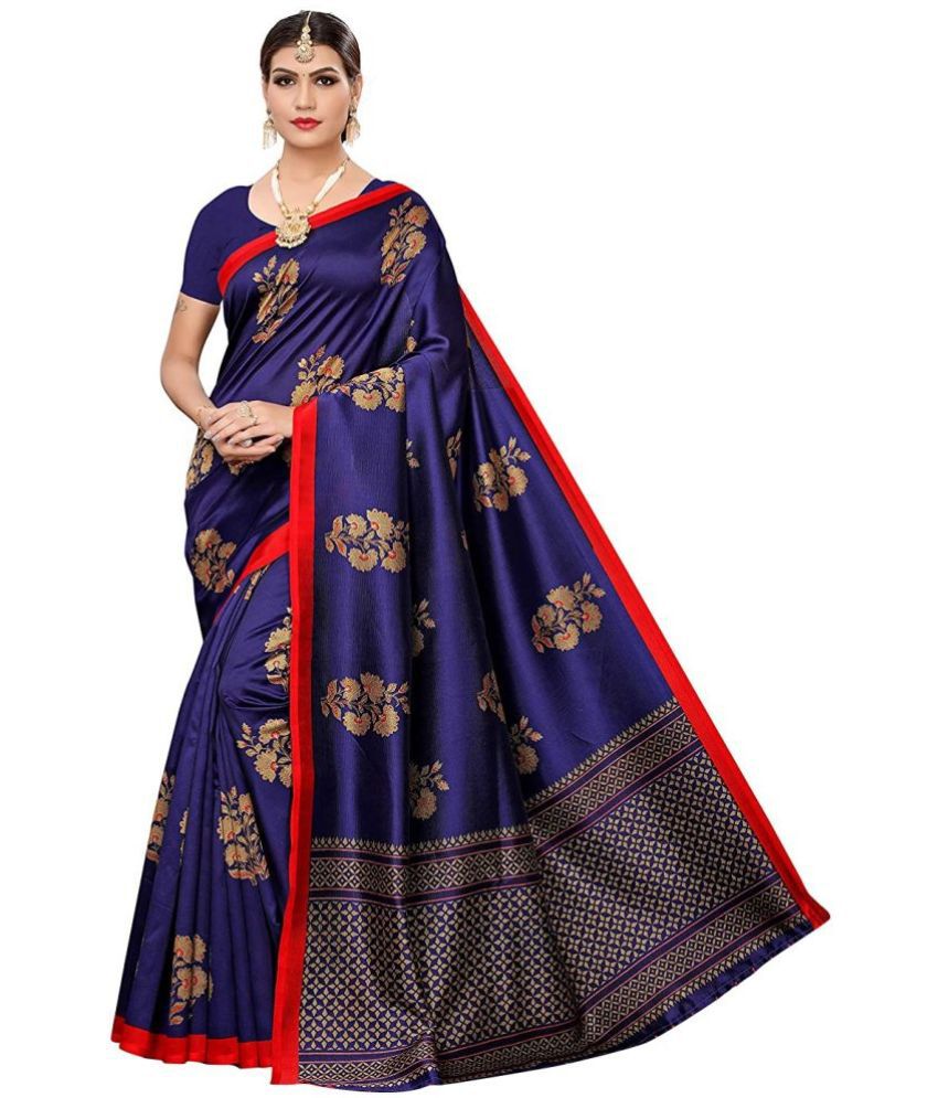     			Grubstaker Art Silk Printed Saree With Blouse Piece - Blue ( Pack of 1 )
