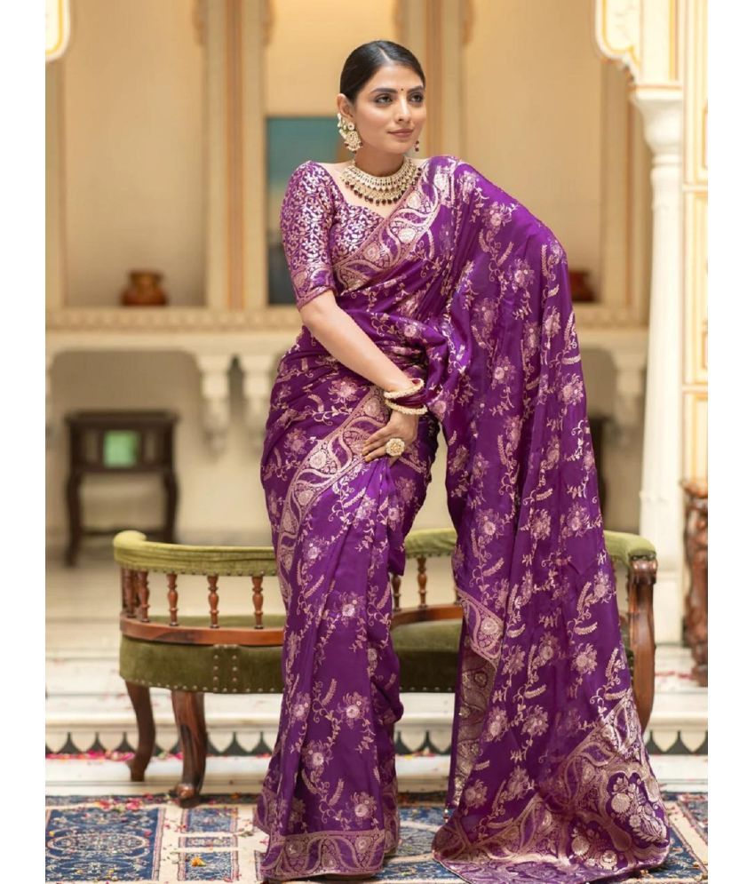     			JULEE Banarasi Silk Embellished Saree With Blouse Piece - Purple ( Pack of 1 )