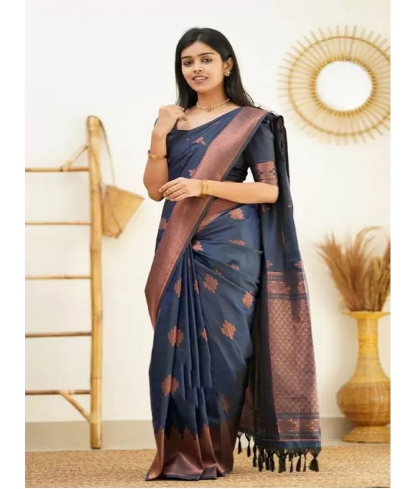     			JULEE Banarasi Silk Embellished Saree With Blouse Piece - Navy Blue ( Pack of 1 )