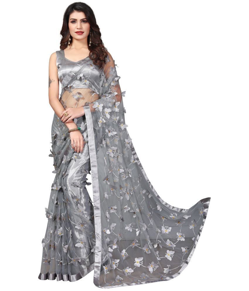     			JULEE Net Embellished Saree With Blouse Piece - Grey ( Pack of 1 )