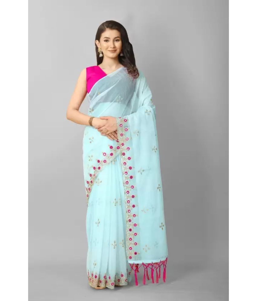     			JULEE Net Embellished Saree With Blouse Piece - SkyBlue ( Pack of 1 )