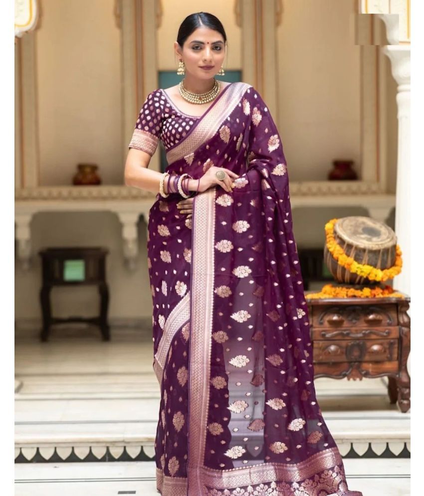     			JULEE Silk Blend Embellished Saree With Blouse Piece - Purple ( Pack of 1 )