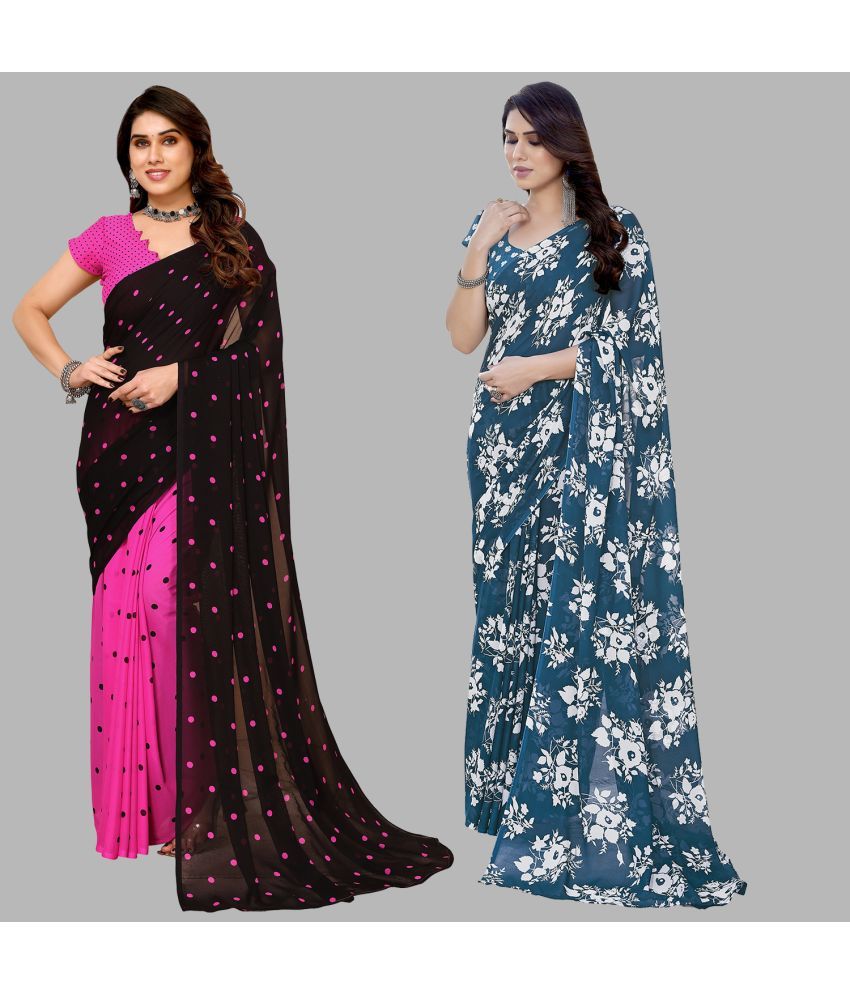     			Kashvi Sarees Georgette Printed Saree With Blouse Piece - Multicolor ( Pack of 2 )