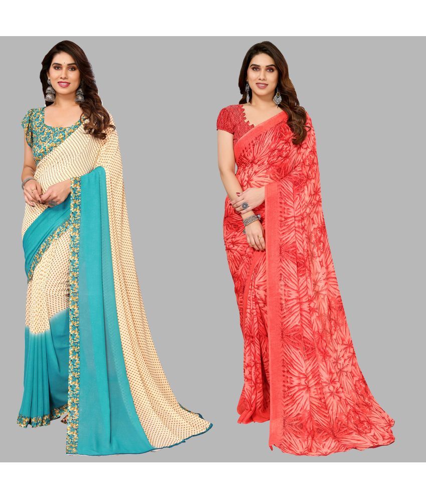     			Kashvi Sarees Georgette Printed Saree With Blouse Piece - Multicolor ( Pack of 2 )