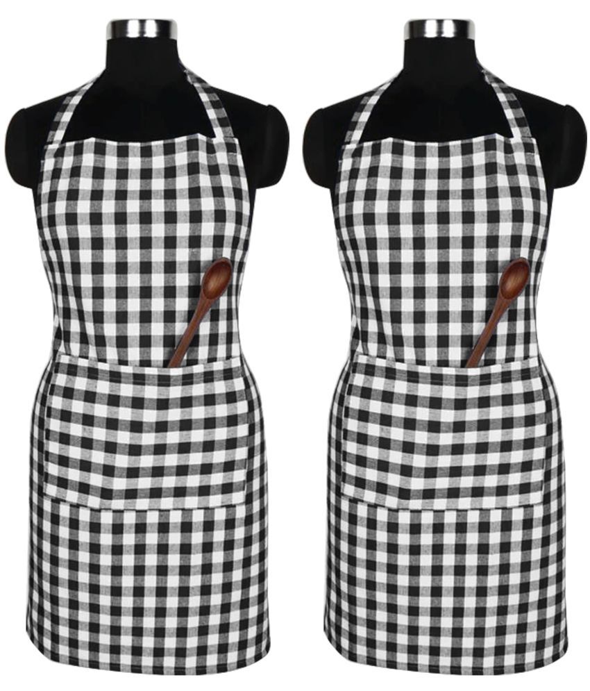     			Lvloz Cotton Blend Checks Kitchen Apron with 2 Center Pocket ( Pack of 2 )