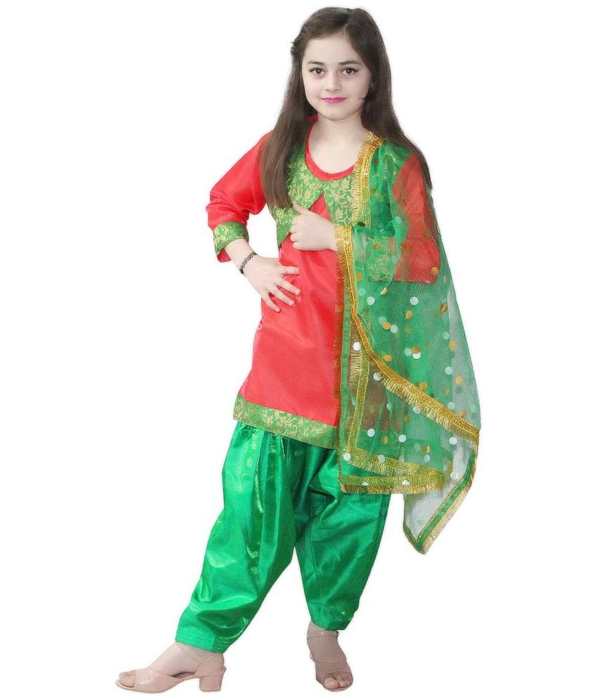     			Punjabi Suit Salwar with Dupatta For Girls, Dance Costume -Green & Red 3-4 Yrs