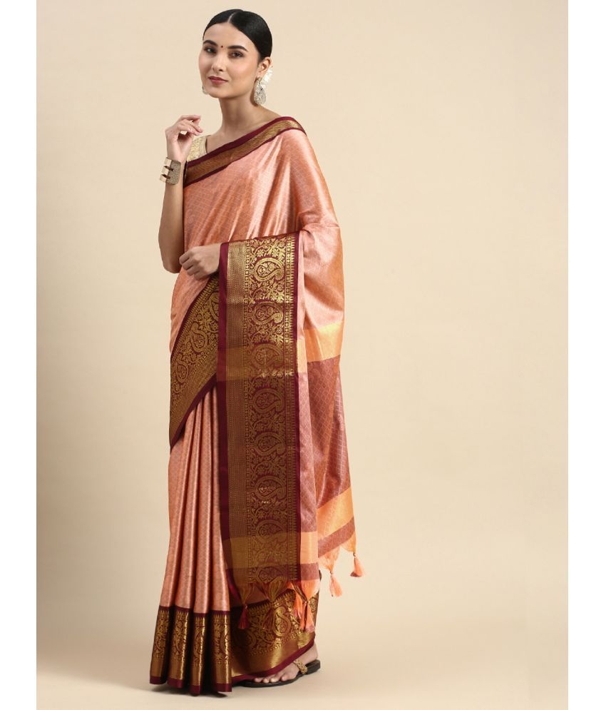     			A TO Z CART Jacquard Embellished Saree With Blouse Piece - Peach ( Pack of 1 )