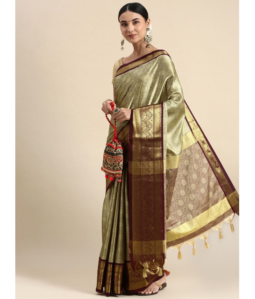     			A TO Z CART Jacquard Embellished Saree With Blouse Piece - Brown ( Pack of 1 )