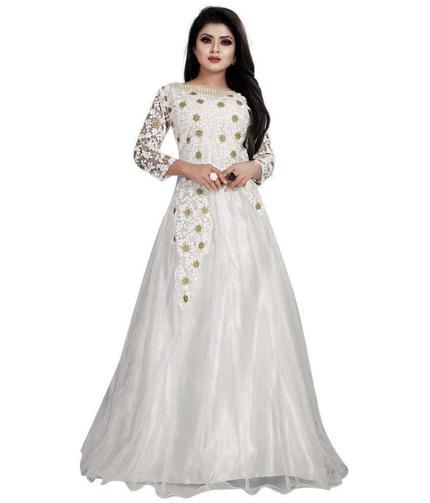     			A TO Z CART White Flared Net Women's Semi Stitched Ethnic Gown ( Pack of 1 )