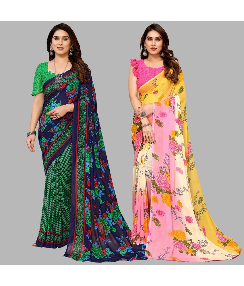     			Kashvi Sarees Georgette Printed Saree With Blouse Piece - Multicolor ( Pack of 2 )