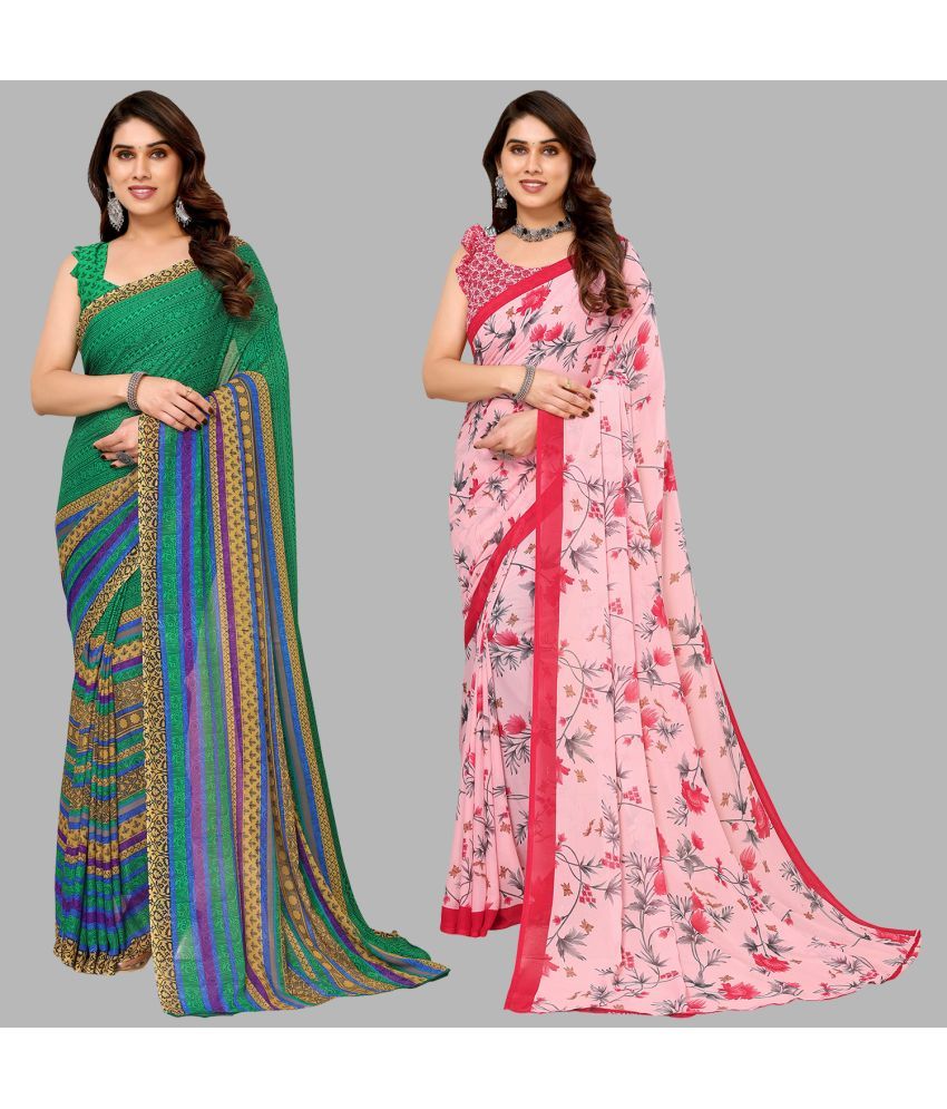     			Kashvi Sarees Georgette Printed Saree With Blouse Piece - Multicolor ( Pack of 2 )