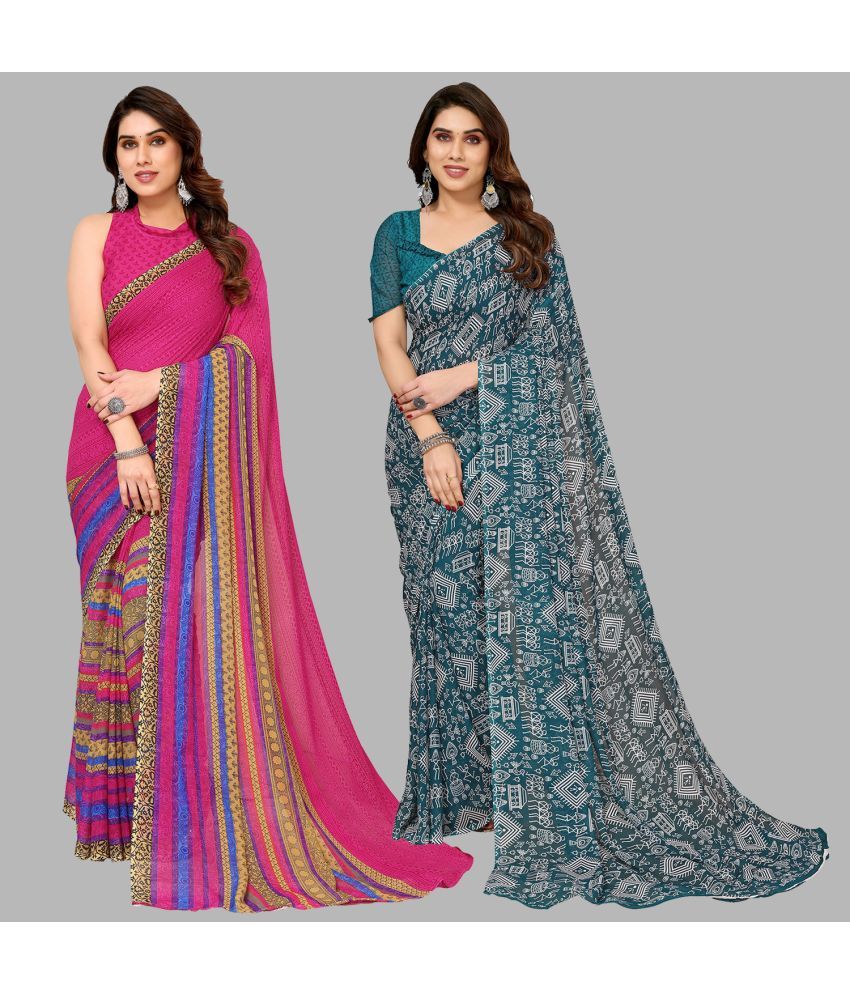     			Kashvi Sarees Georgette Printed Saree With Blouse Piece - Multicolor ( Pack of 2 )