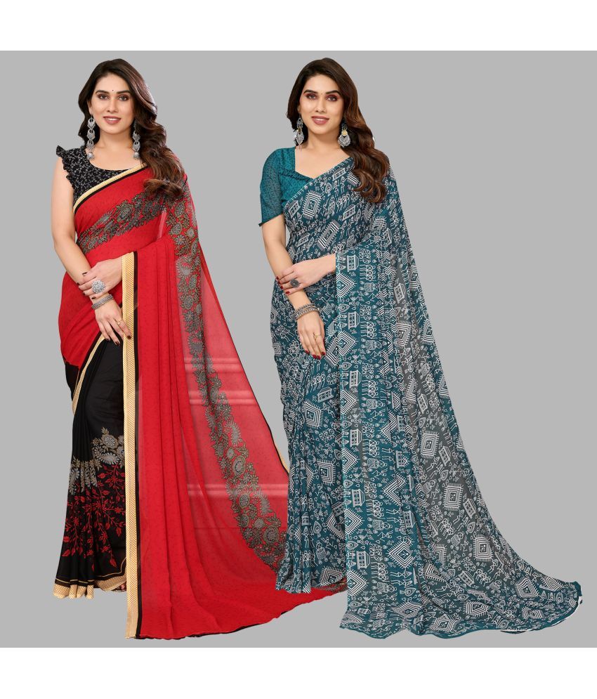     			Kashvi Sarees Georgette Printed Saree With Blouse Piece - Multicolor ( Pack of 2 )