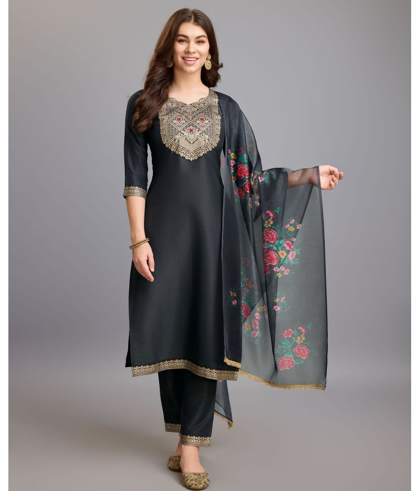     			MOJILAA Silk Embroidered Kurti With Pants Women's Stitched Salwar Suit - Grey Melange ( Pack of 1 )