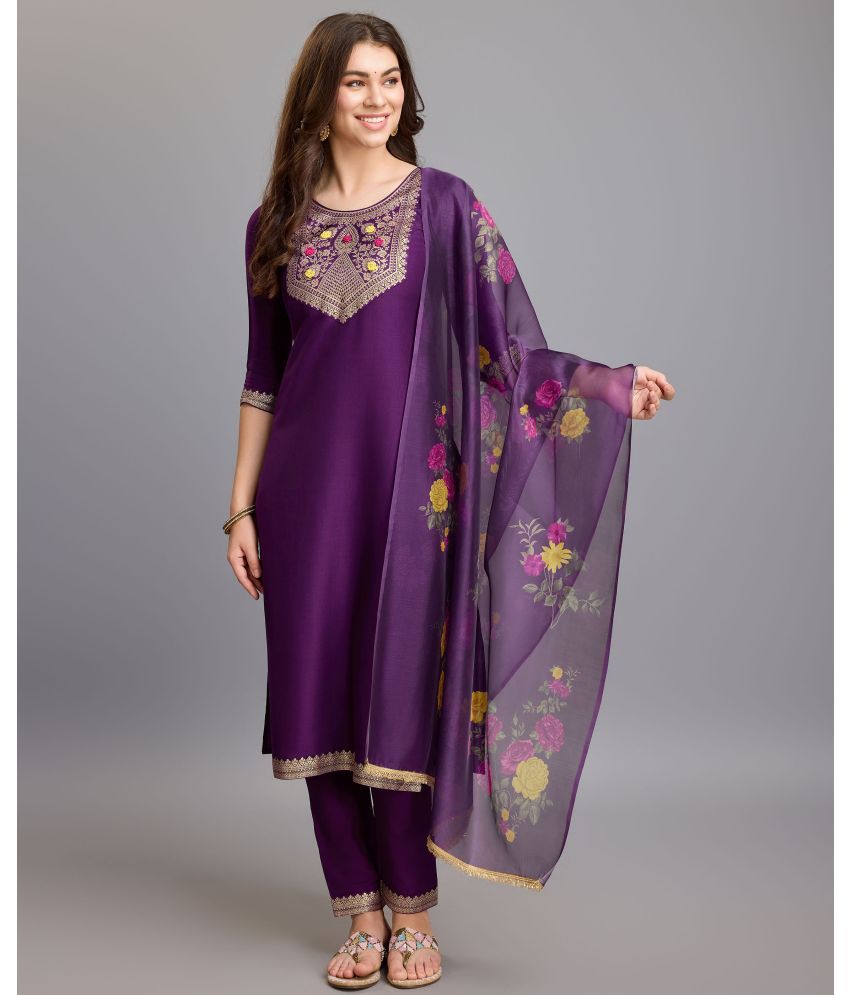     			MOJILAA Silk Embroidered Kurti With Pants Women's Stitched Salwar Suit - Purple ( Pack of 1 )