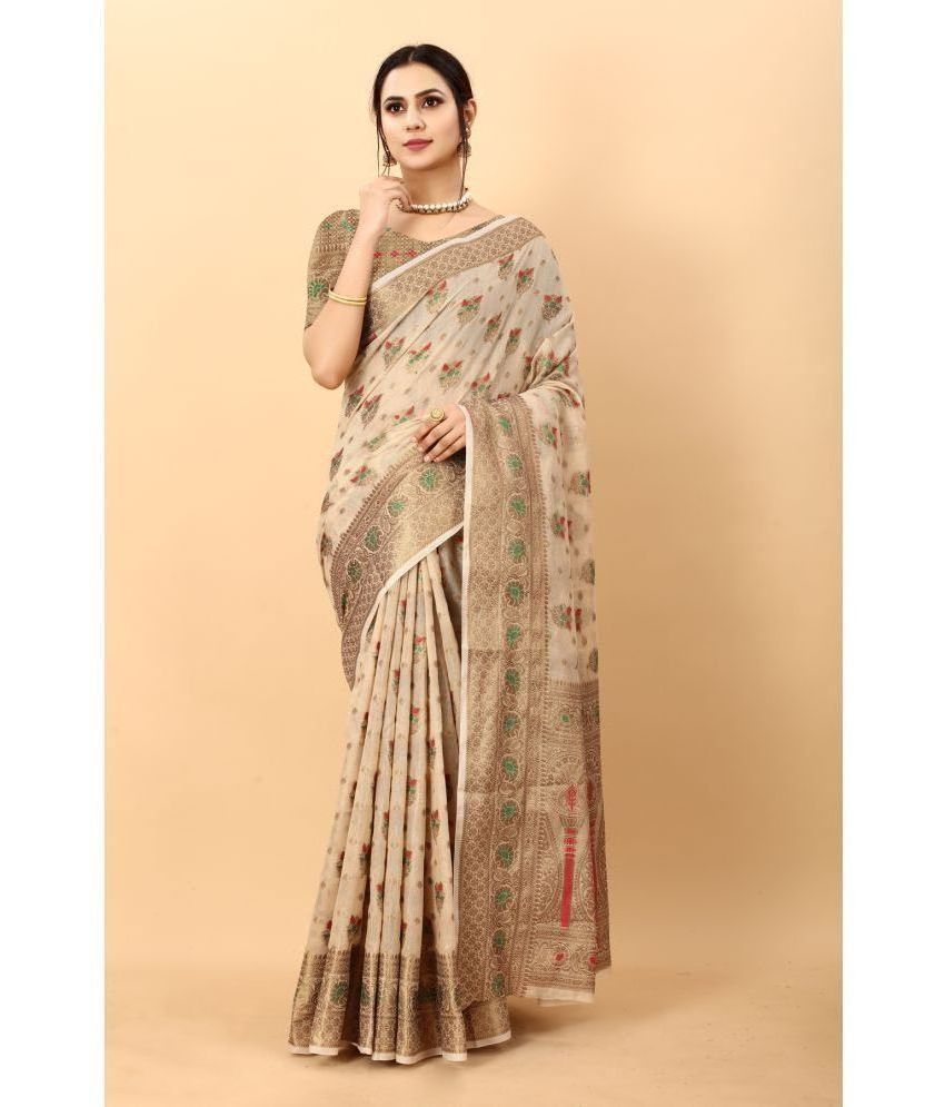     			OFLINE SELCTION Silk Embellished Saree With Blouse Piece - Cream ( Pack of 1 )