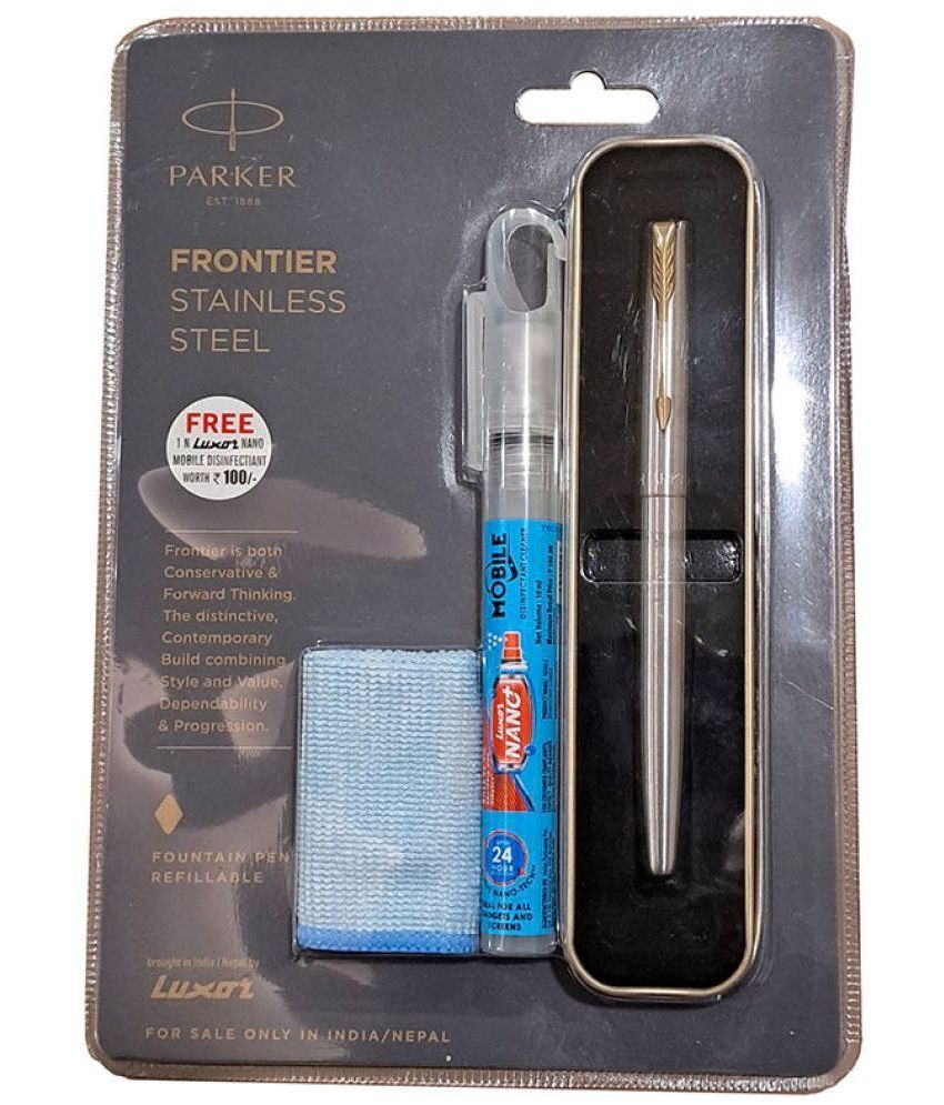     			Parker Frontier Stainless Steel Gt Fountain Pen Fine With Nano Mobile Disinfectant, Micro Cloth