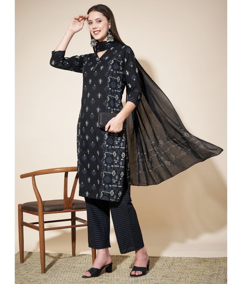     			Vbuyz Cotton Printed Kurti With Pants Women's Stitched Salwar Suit - Black ( Pack of 1 )