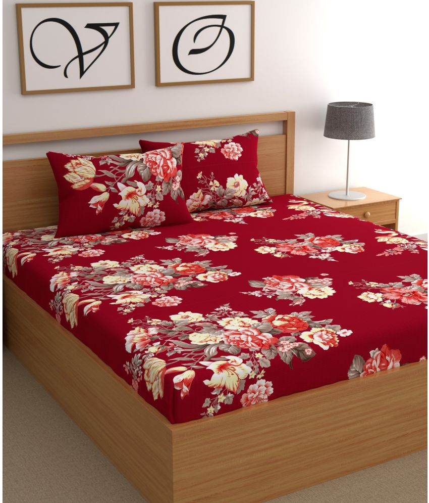     			CG HOMES Cotton Floral 1 Double Bedsheet with 2 Pillow Covers - Red