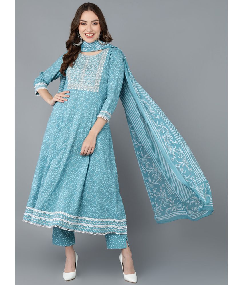     			Vaamsi Cotton Blend Printed Kurti With Pants Women's Stitched Salwar Suit - Blue ( Pack of 1 )
