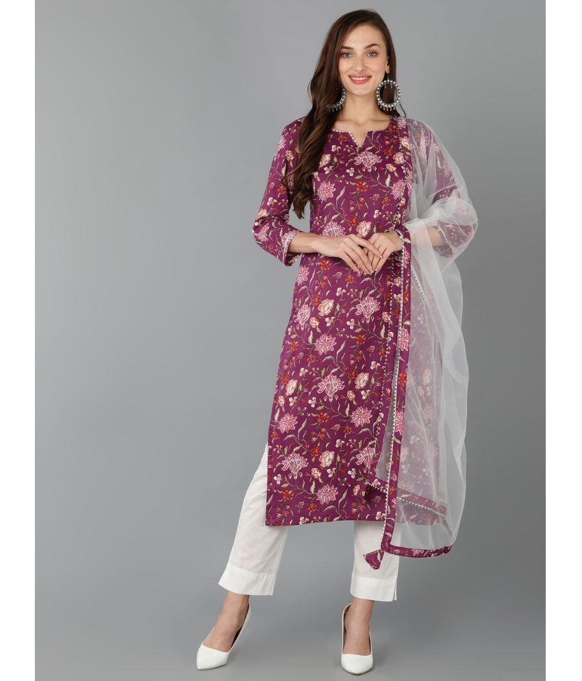     			Vaamsi Cotton Blend Printed Kurti With Pants Women's Stitched Salwar Suit - Purple ( Pack of 1 )