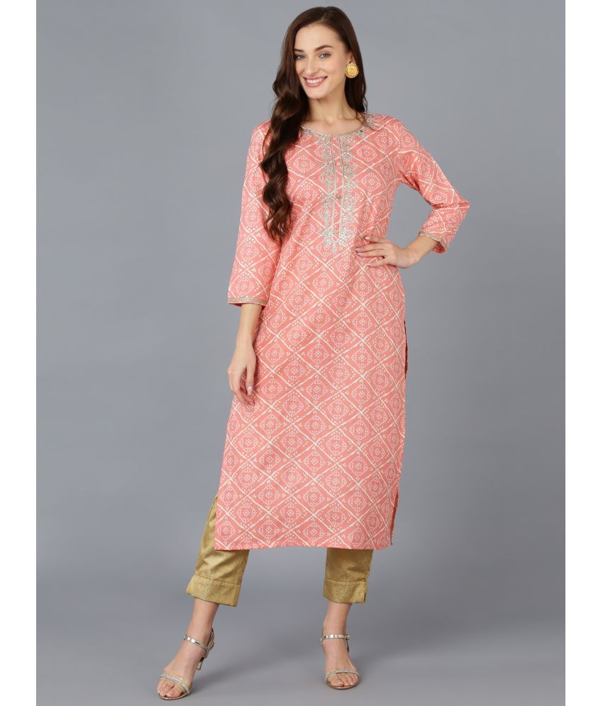     			Vaamsi Cotton Blend Printed Straight Women's Kurti - Peach ( Pack of 1 )