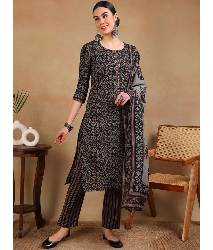     			Vaamsi Rayon Printed Kurti With Pants Women's Stitched Salwar Suit - Black ( Pack of 1 )