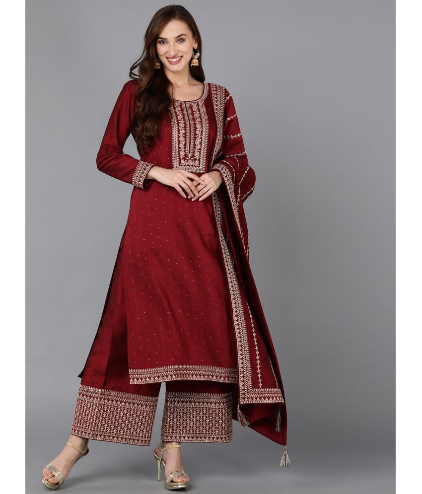     			Vaamsi Silk Blend Embellished Kurti With Palazzo Women's Stitched Salwar Suit - Maroon ( Pack of 1 )