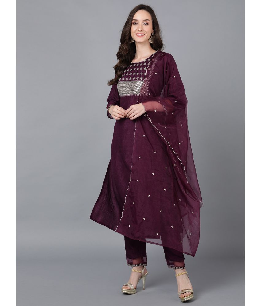     			Vaamsi Silk Blend Embroidered Kurti With Pants Women's Stitched Salwar Suit - Purple ( Pack of 1 )