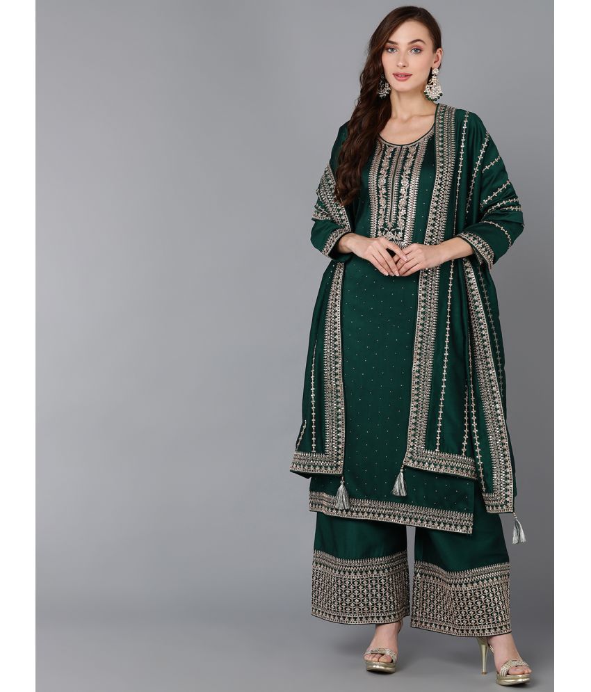     			Vaamsi Silk Blend Embroidered Kurti With Palazzo Women's Stitched Salwar Suit - Green ( Pack of 1 )