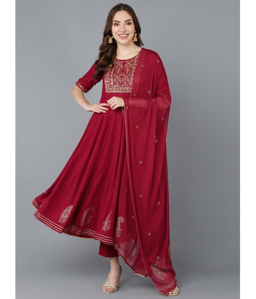     			Vaamsi Silk Blend Embroidered Kurti With Pants Women's Stitched Salwar Suit - Maroon ( Pack of 1 )