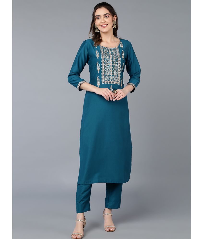     			Vaamsi Silk Blend Embroidered Straight Women's Kurti - Teal ( Pack of 1 )