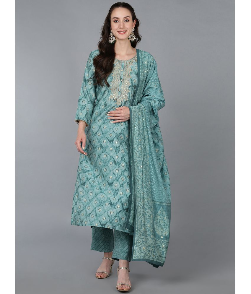     			Vaamsi Silk Blend Printed Kurti With Pants Women's Stitched Salwar Suit - Sea Green ( Pack of 1 )