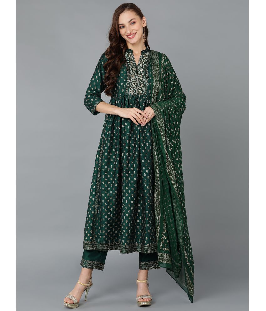     			Vaamsi Silk Blend Printed Kurti With Pants Women's Stitched Salwar Suit - Green ( Pack of 3 )