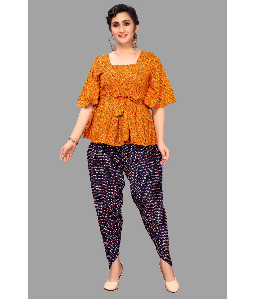     			gufrina Rayon Printed Kurti With Dhoti Pants Women's Stitched Salwar Suit - Yellow ( Pack of 1 )