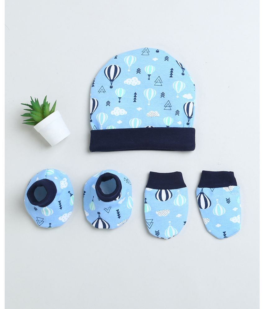     			BUMZEE Blue & Navy Girls Cotton Cap Mitten Bootie Set Age - 0-3 Months