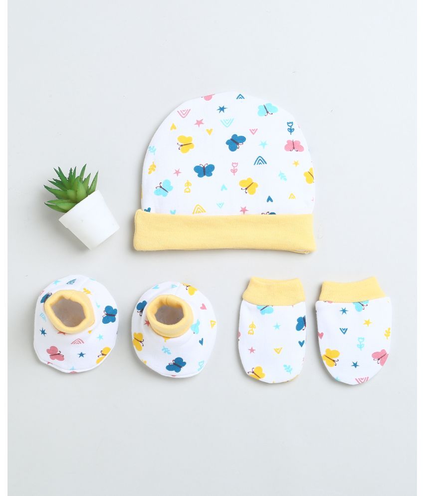     			BUMZEE White & Yellow Boys Cotton Cap Mitten Bootie Set Age - 0-3 Months