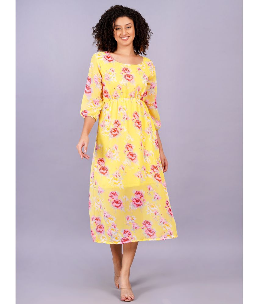     			HIGHLIGHT FASHION EXPORT Georgette Printed Full Length Women's Fit & Flare Dress - Yellow ( Pack of 1 )