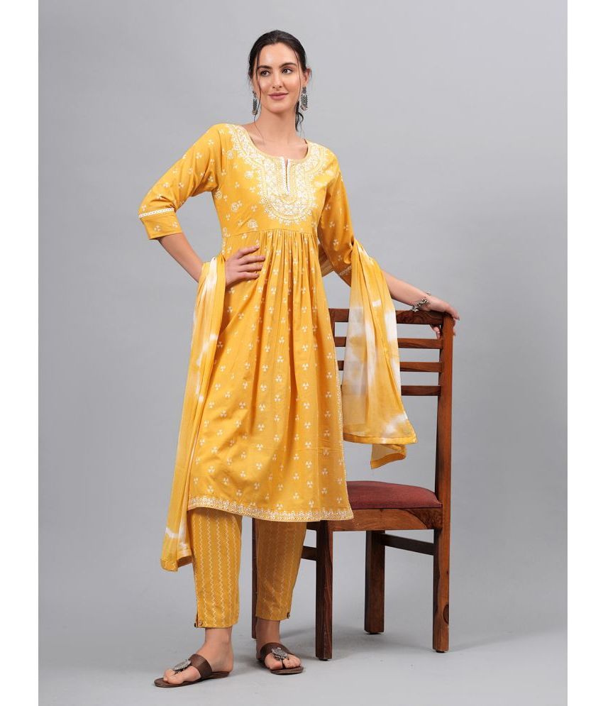     			JC4U Cotton Embroidered Kurti With Pants Women's Stitched Salwar Suit - Yellow ( Pack of 1 )