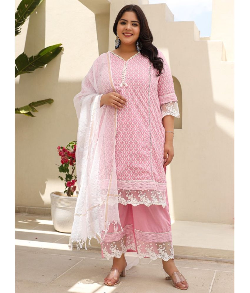     			Juniper Cotton Printed Kurti With Palazzo Women's Stitched Salwar Suit - Pink ( Pack of 1 )