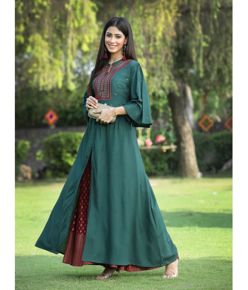     			Juniper Rayon Embroidered Kurti With Palazzo Women's Stitched Salwar Suit - Green ( Pack of 1 )