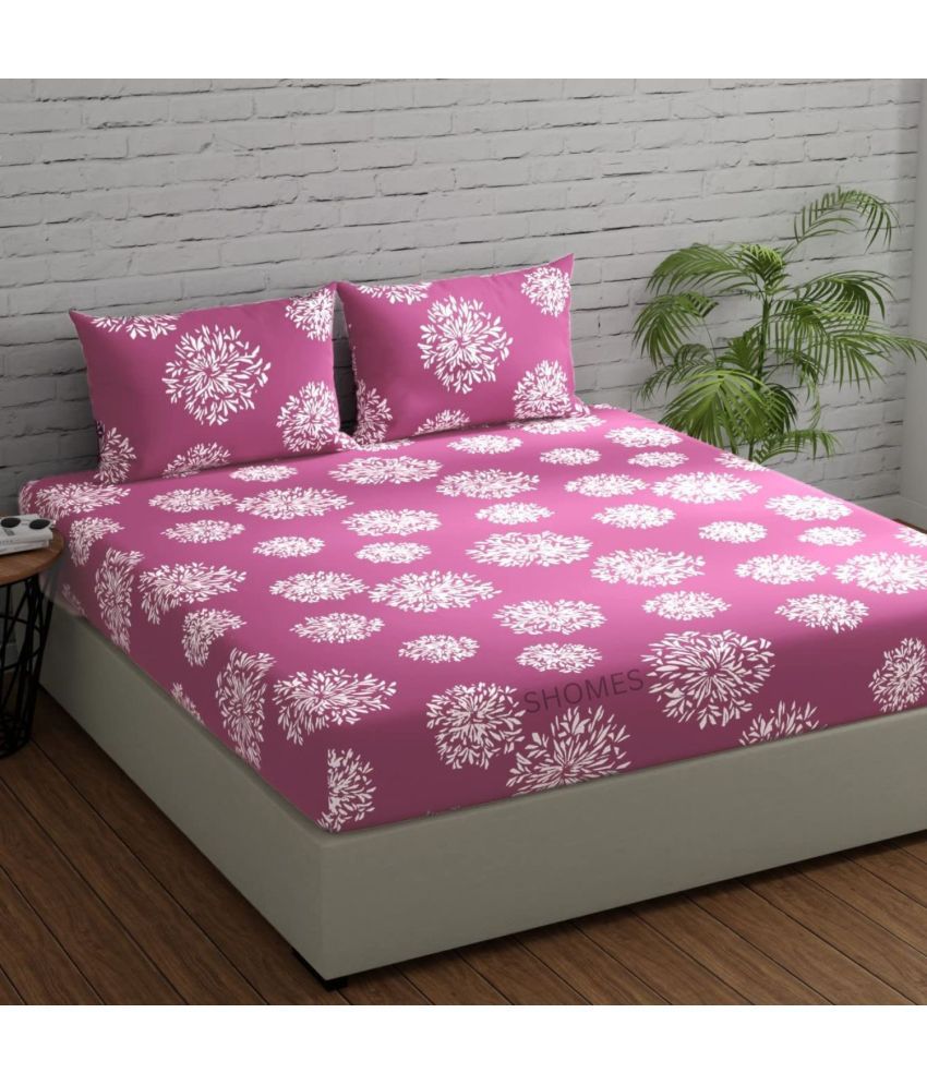     			SHOMES Cotton Floral Fitted 1 Bedsheet with 2 Pillow Covers ( Double Bed ) - Pink