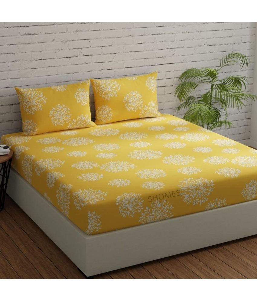     			SHOMES Cotton Floral Printed Fitted 1 Bedsheet with 2 Pillow Covers ( Double Bed ) - Yellow