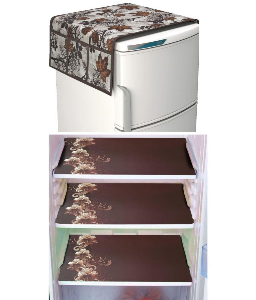    			Shaphio Polyester Floral Fridge Mat & Cover ( 99 58 ) Pack of 4 - Brown
