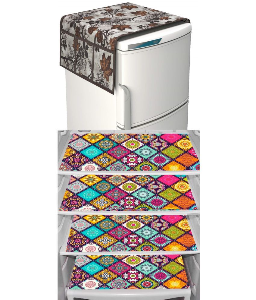     			Shaphio Polyester Floral Fridge Mat & Cover ( 99 58 ) Pack of 5 - Brown