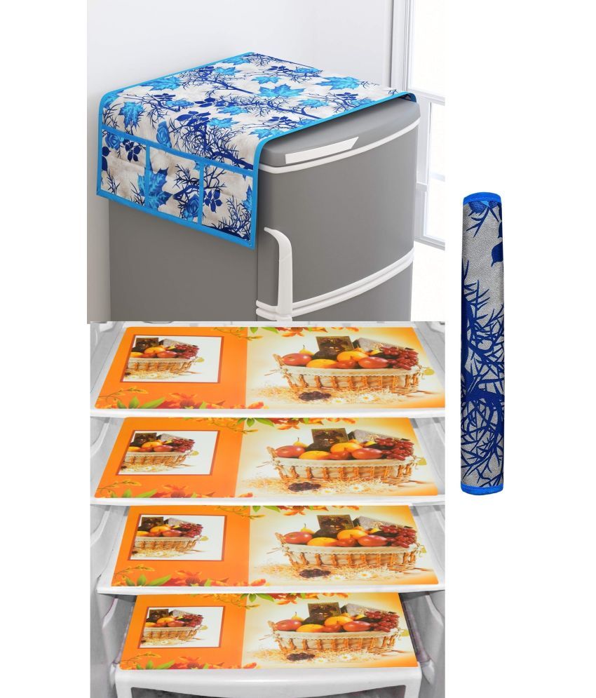     			Shaphio Polyester Floral Fridge Mat & Cover ( 99 58 ) Pack of 6 - Blue