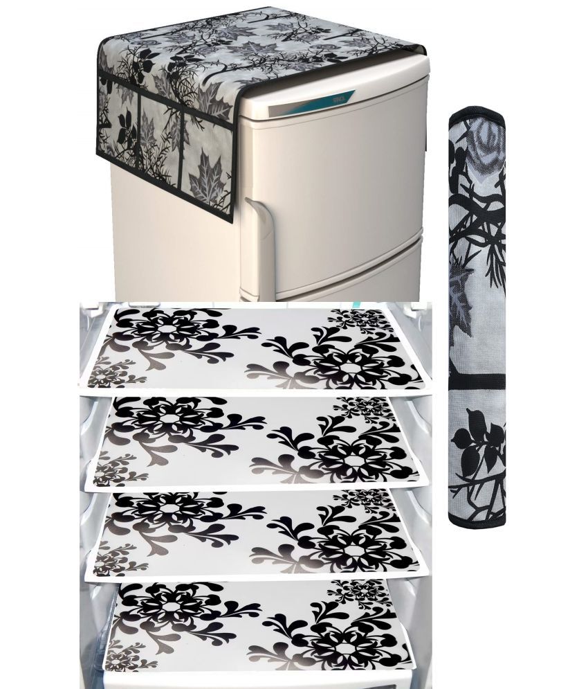     			Shaphio Polyester Floral Fridge Mat & Cover ( 99 58 ) Pack of 6 - Black