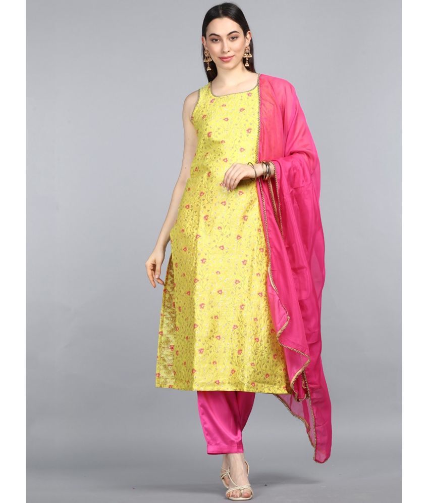     			Vaamsi Chanderi Self Design Kurti With Pants Women's Stitched Salwar Suit - Yellow ( Pack of 1 )