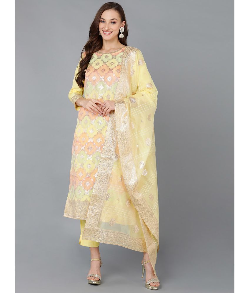     			Vaamsi Chanderi Self Design Kurti With Pants Women's Stitched Salwar Suit - Yellow ( Pack of 1 )