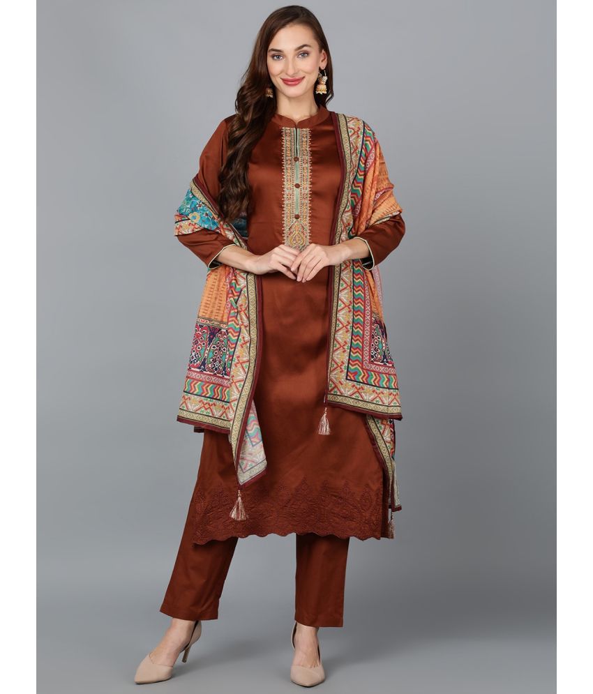     			Vaamsi Cotton Blend Embroidered Kurti With Pants Women's Stitched Salwar Suit - Camel ( Pack of 1 )